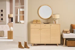Meuble d'entrée - meuble de rangements à chaussures finition bois clair chêne et métal doré L110 cm SILVESTRE