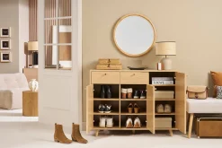 Meuble d'entrée - meuble de rangements à chaussures finition bois clair chêne et métal doré L110 cm SILVESTRE