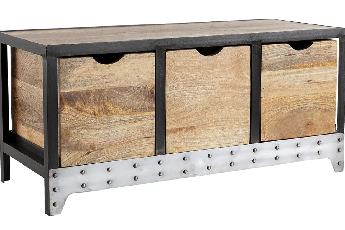 Meuble de rangement industriel en bois manguier massif et métal noir 3 tiroirs L100 cm ATELIER