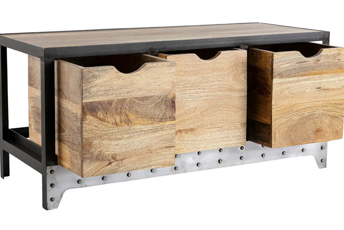 Meuble de rangement industriel en bois manguier massif et métal noir 3 tiroirs L100 cm ATELIER