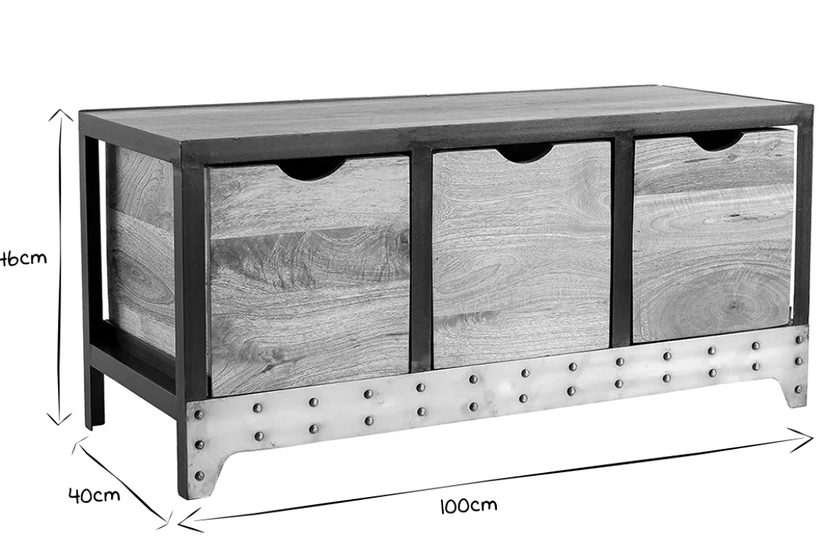 Meuble de rangement industriel en bois manguier massif et métal noir 3 tiroirs L100 cm ATELIER