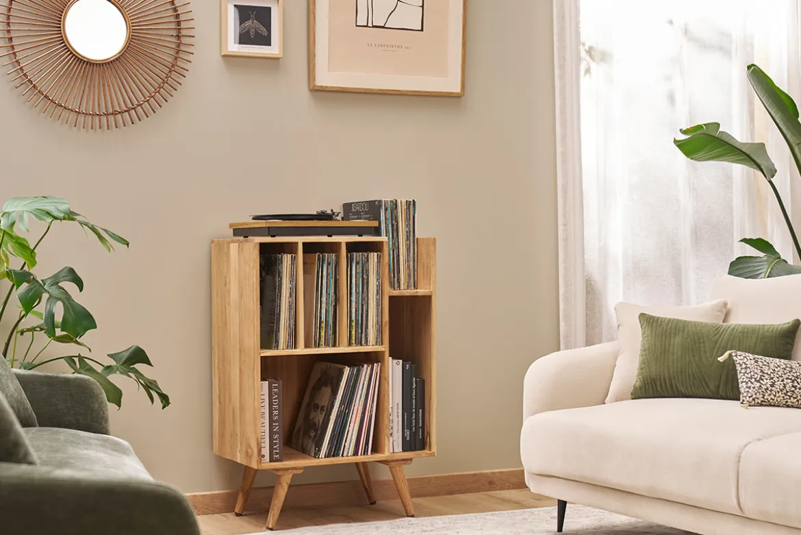 Meuble de rangement vinyles en bois massif L65 cm VIRGILE