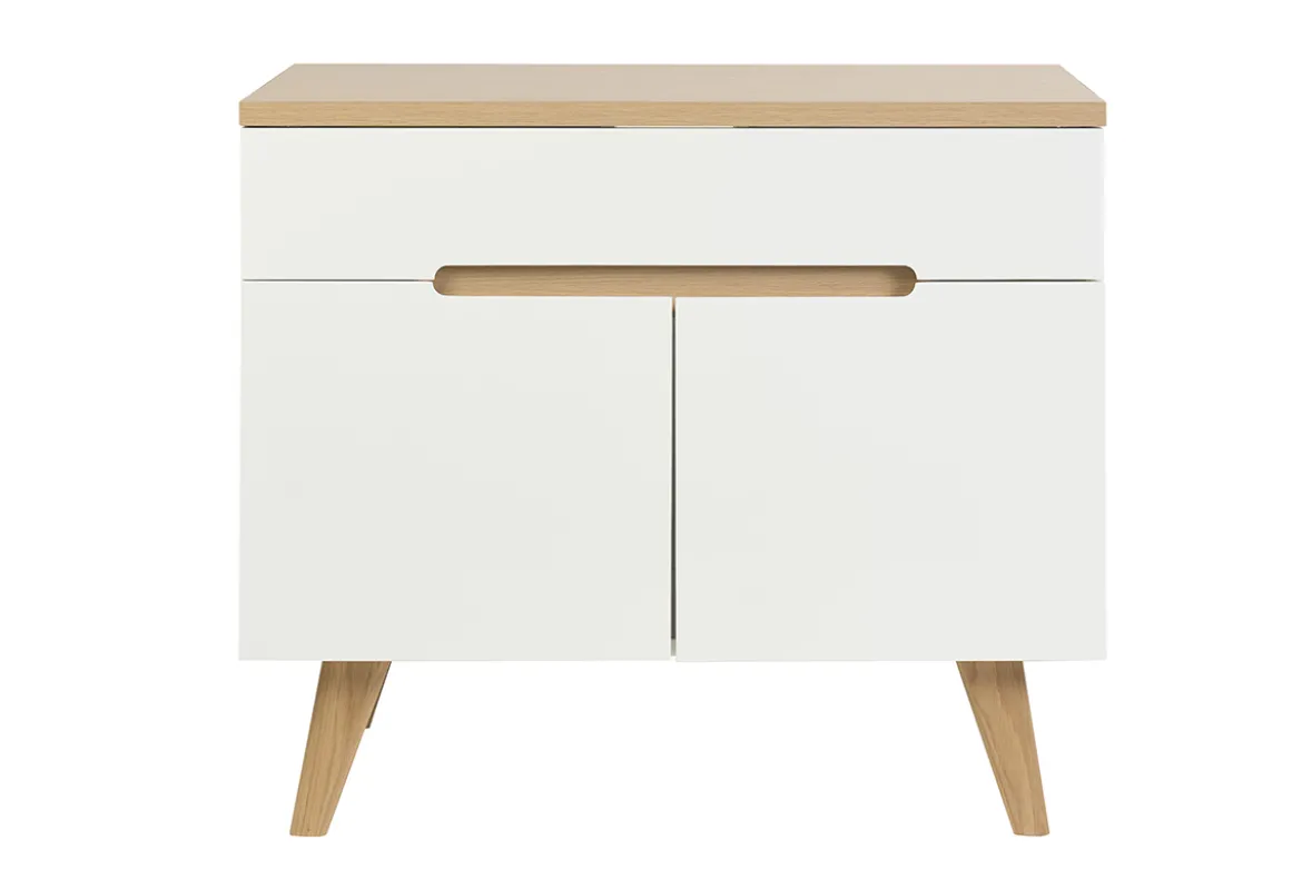 Meuble de salle de bain blanc laqué brillant et finition bois clair L90 cm MELKA