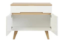 Meuble de salle de bain blanc laqué brillant et finition bois clair L90 cm MELKA
