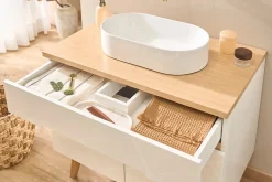 Meuble de salle de bain blanc laqué brillant et finition bois clair L90 cm MELKA