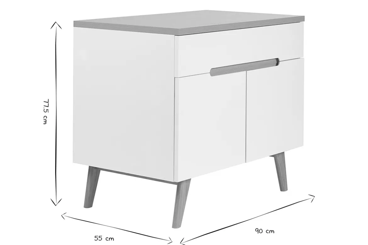 Meuble de salle de bain blanc laqué brillant et finition bois clair L90 cm MELKA