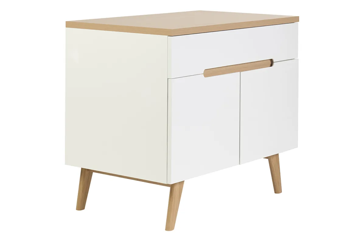 Meuble de salle de bain blanc laqué brillant et finition bois clair L90 cm MELKA