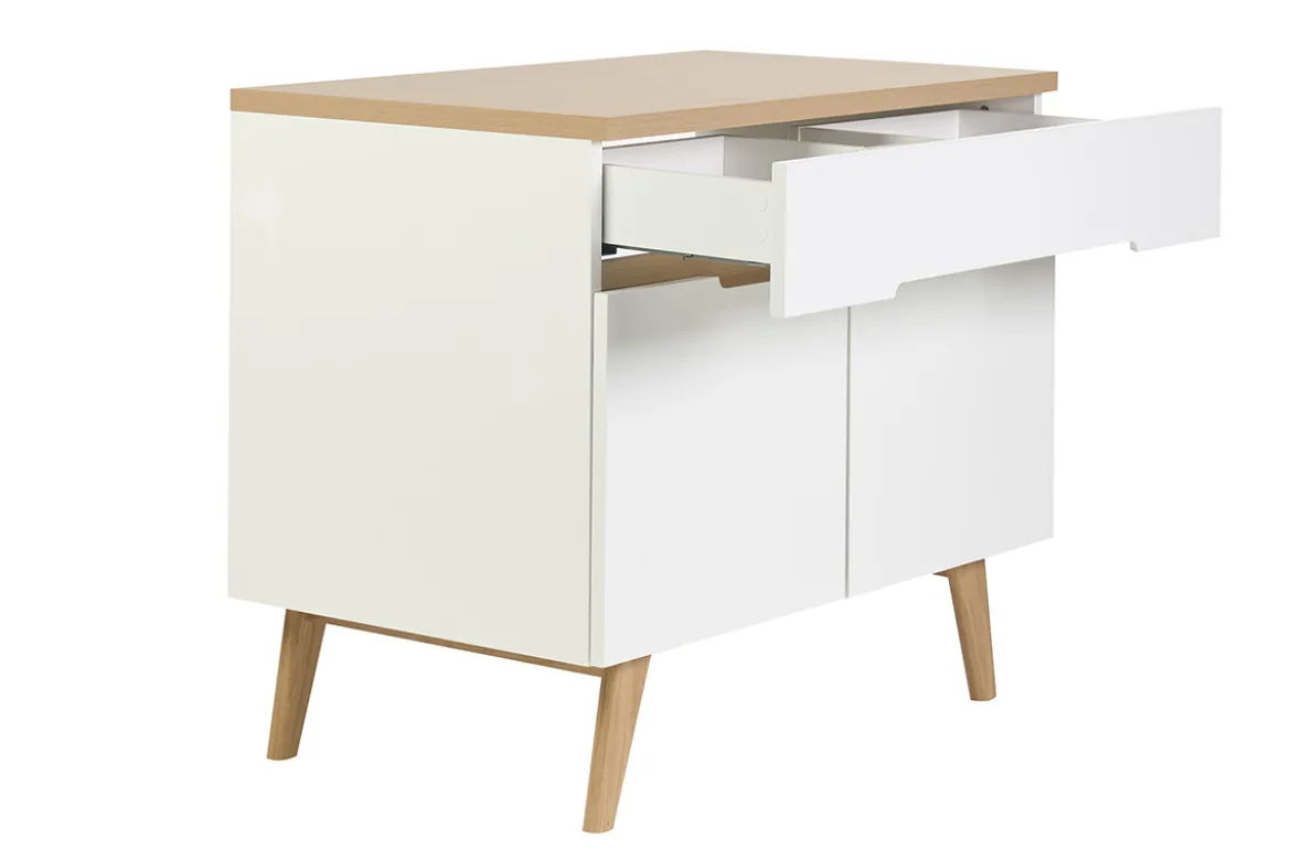 Meuble de salle de bain blanc laqué brillant et finition bois clair L90 cm MELKA