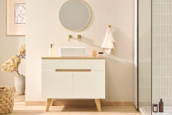 Meuble de salle de bain blanc laqué brillant et finition bois clair L90 cm MELKA