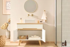 Meuble de salle de bain blanc laqué brillant et finition bois clair L90 cm MELKA