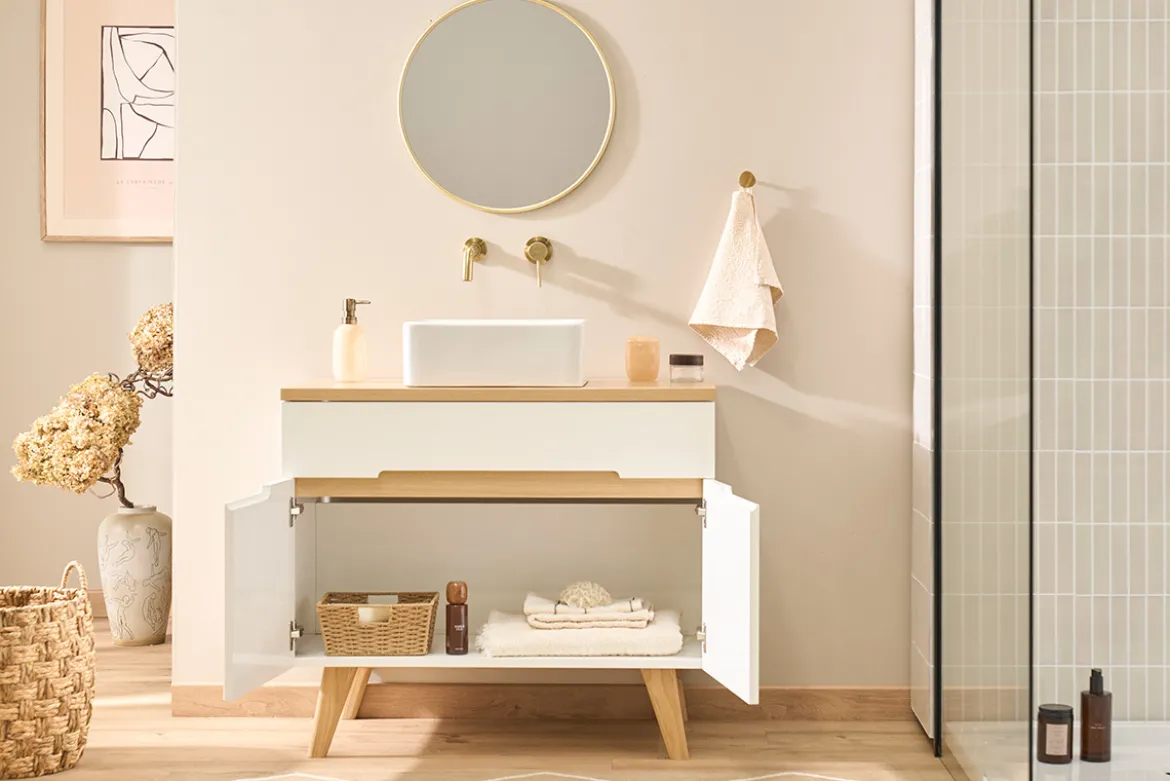 Meuble de salle de bain blanc laqué brillant et finition bois clair L90 cm MELKA