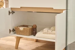 Meuble de salle de bain blanc laqué brillant et finition bois clair L90 cm MELKA