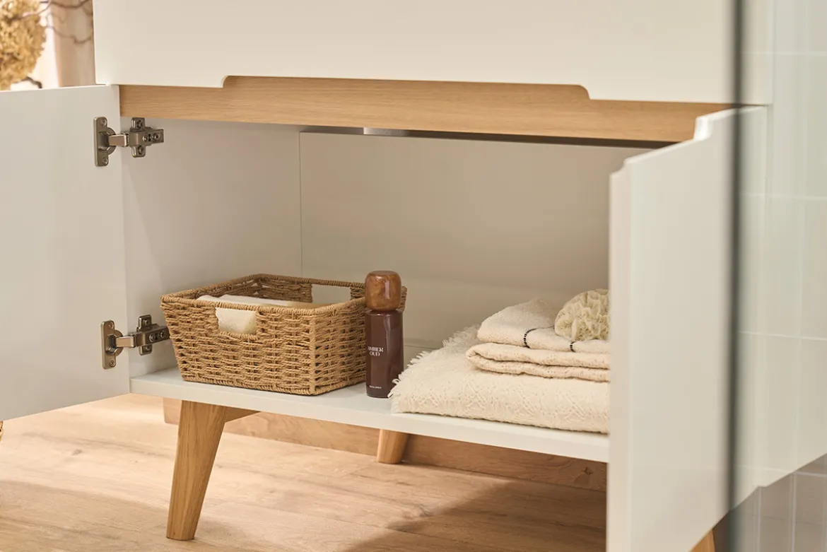 Meuble de salle de bain blanc laqué brillant et finition bois clair L90 cm MELKA