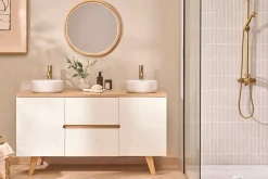Meuble de salle de bain blanc laqué brillant et finition bois clair L140 cm MELKA