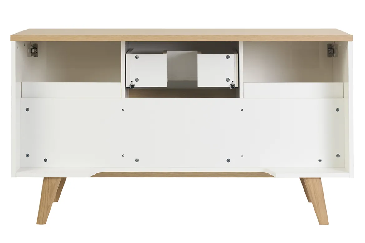 Meuble de salle de bain blanc laqué brillant et finition bois clair L140 cm MELKA