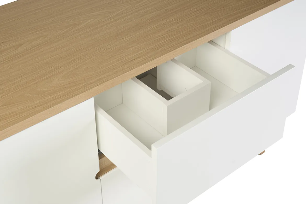 Meuble de salle de bain blanc laqué brillant et finition bois clair L140 cm MELKA