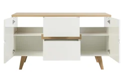 Meuble de salle de bain blanc laqué brillant et finition bois clair L140 cm MELKA