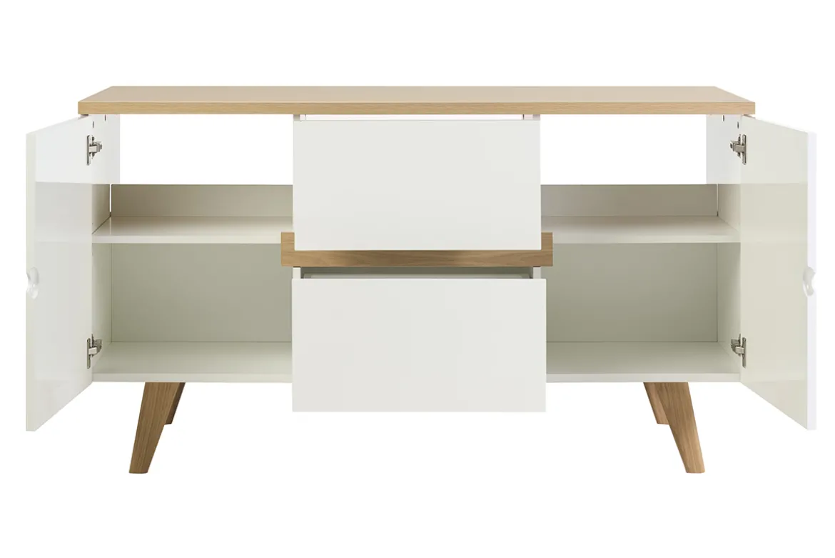 Meuble de salle de bain blanc laqué brillant et finition bois clair L140 cm MELKA