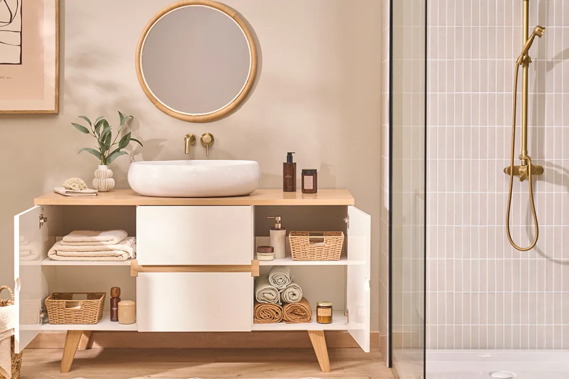 Meuble de salle de bain blanc laqué brillant et finition bois clair L140 cm MELKA