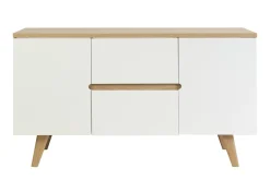 Meuble de salle de bain blanc laqué brillant et finition bois clair L140 cm MELKA