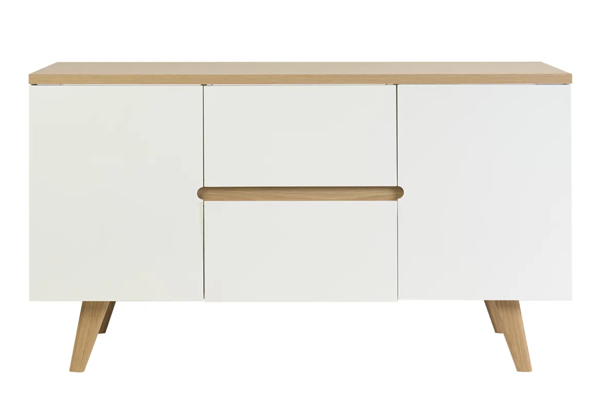 Meuble de salle de bain blanc laqué brillant et finition bois clair L140 cm MELKA