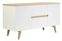 Meuble de salle de bain blanc laqué brillant et finition bois clair L140 cm MELKA