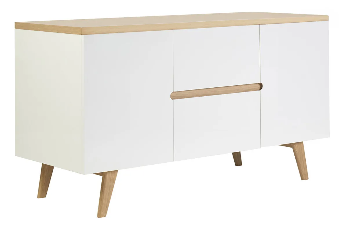 Meuble de salle de bain blanc laqué brillant et finition bois clair L140 cm MELKA