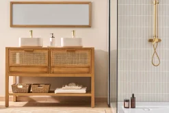 Meuble de salle de bain en bois teck massif et cannage rotin L120 cm RIVO