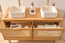 Meuble de salle de bain en bois teck massif et cannage rotin L120 cm RIVO