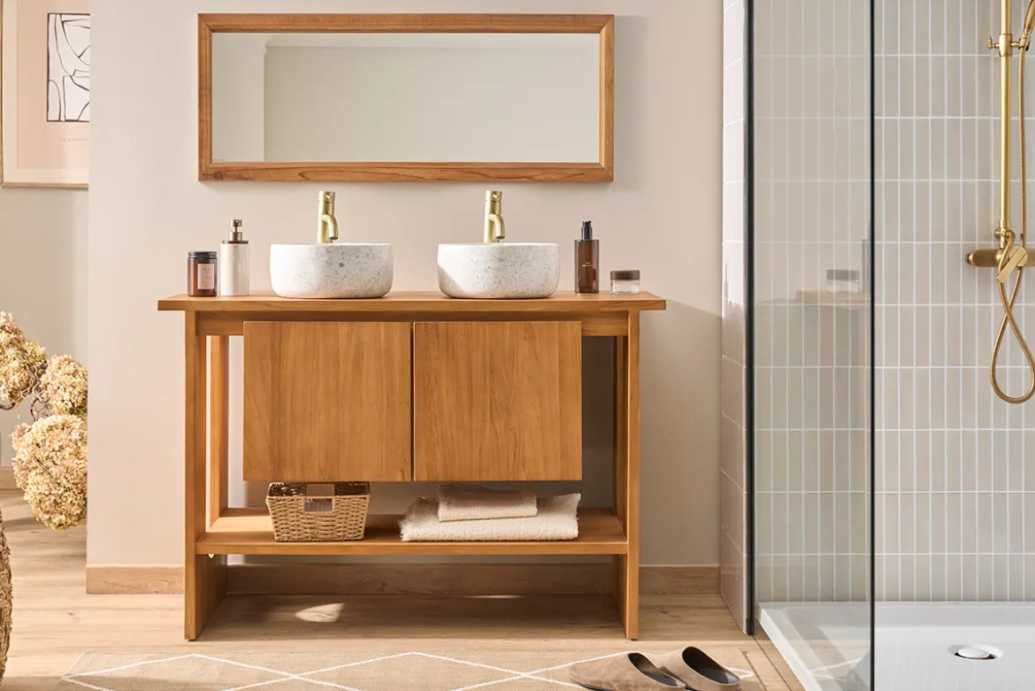 Meuble de salle de bain en bois teck massif L120 cm ALBE