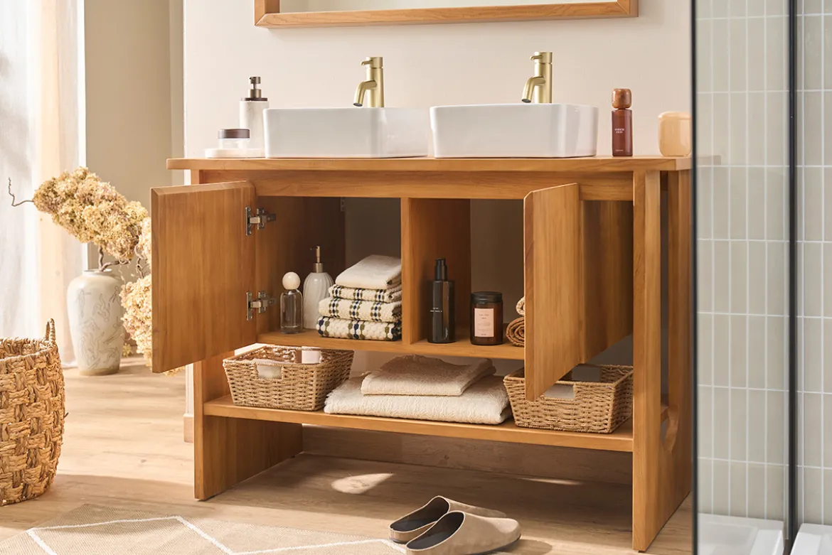 Meuble de salle de bain en bois teck massif L120 cm ALBE