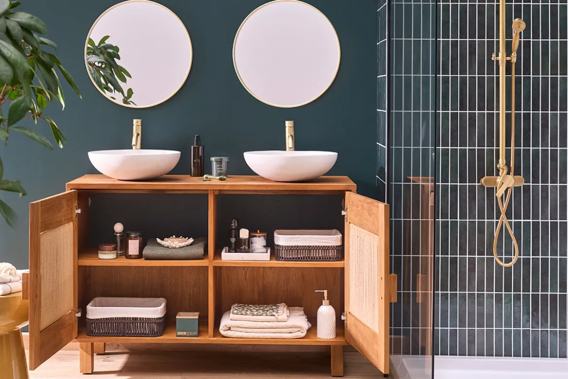 Meuble de salle de bain en bois teck massif et corde tressée L120 cm MOSSA