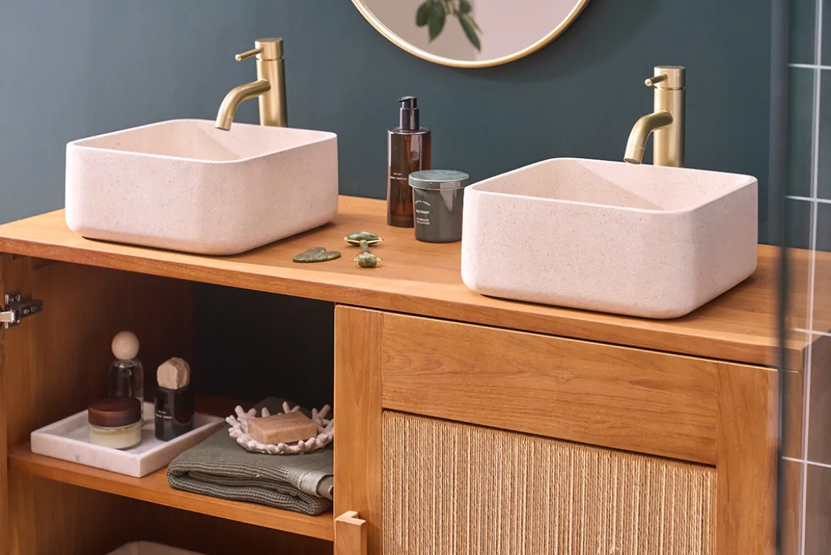 Meuble de salle de bain en bois teck massif et corde tressée L120 cm MOSSA
