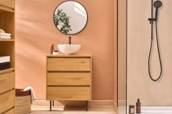 Meuble de salle de bain finition bois clair chêne et métal noir L60 cm ARAGON