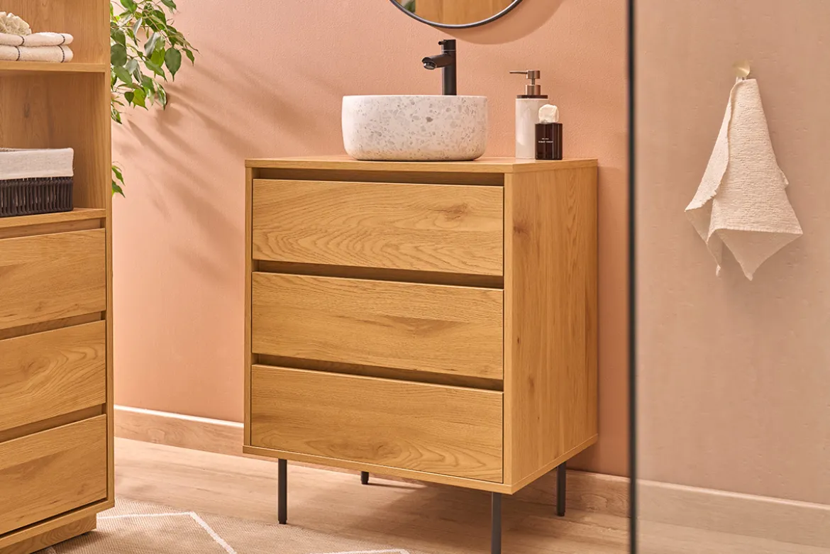 Meuble de salle de bain finition bois clair chêne et métal noir L60 cm ARAGON