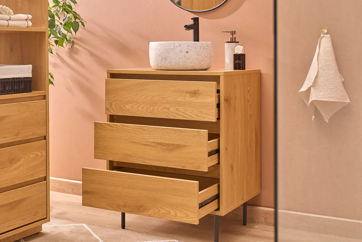 Meuble de salle de bain finition bois clair chêne et métal noir L60 cm ARAGON