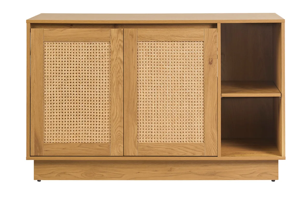 Meuble de salle de bain finition bois clair chêne et cannage rotin L120 cm ALICANTE