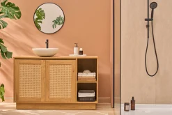 Meuble de salle de bain finition bois clair chêne et cannage rotin L120 cm ALICANTE