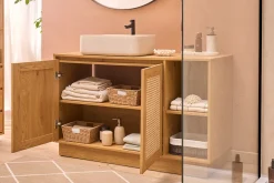 Meuble de salle de bain finition bois clair chêne et cannage rotin L120 cm ALICANTE