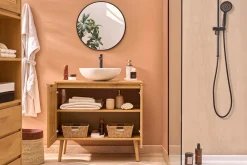 Meuble de salle de bain finition bois clair, cannage rotin et métal noir L80 cm MANILLE