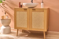 Meuble de salle de bain finition bois clair, cannage rotin et métal noir L80 cm MANILLE