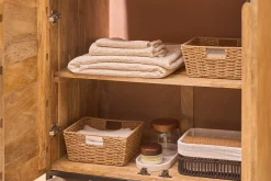 Meuble de salle de bain finition bois clair, cannage rotin et métal noir L80 cm MANILLE
