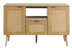 Meuble de salle de bain finition bois clair, cannage rotin et métal noir L120 cm MANILLE