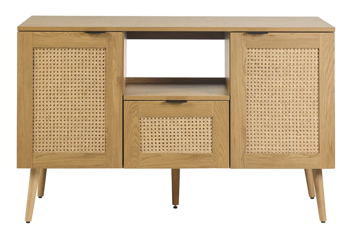 Meuble de salle de bain finition bois clair, cannage rotin et métal noir L120 cm MANILLE