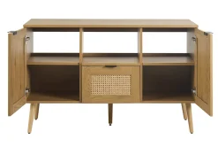 Meuble de salle de bain finition bois clair, cannage rotin et métal noir L120 cm MANILLE
