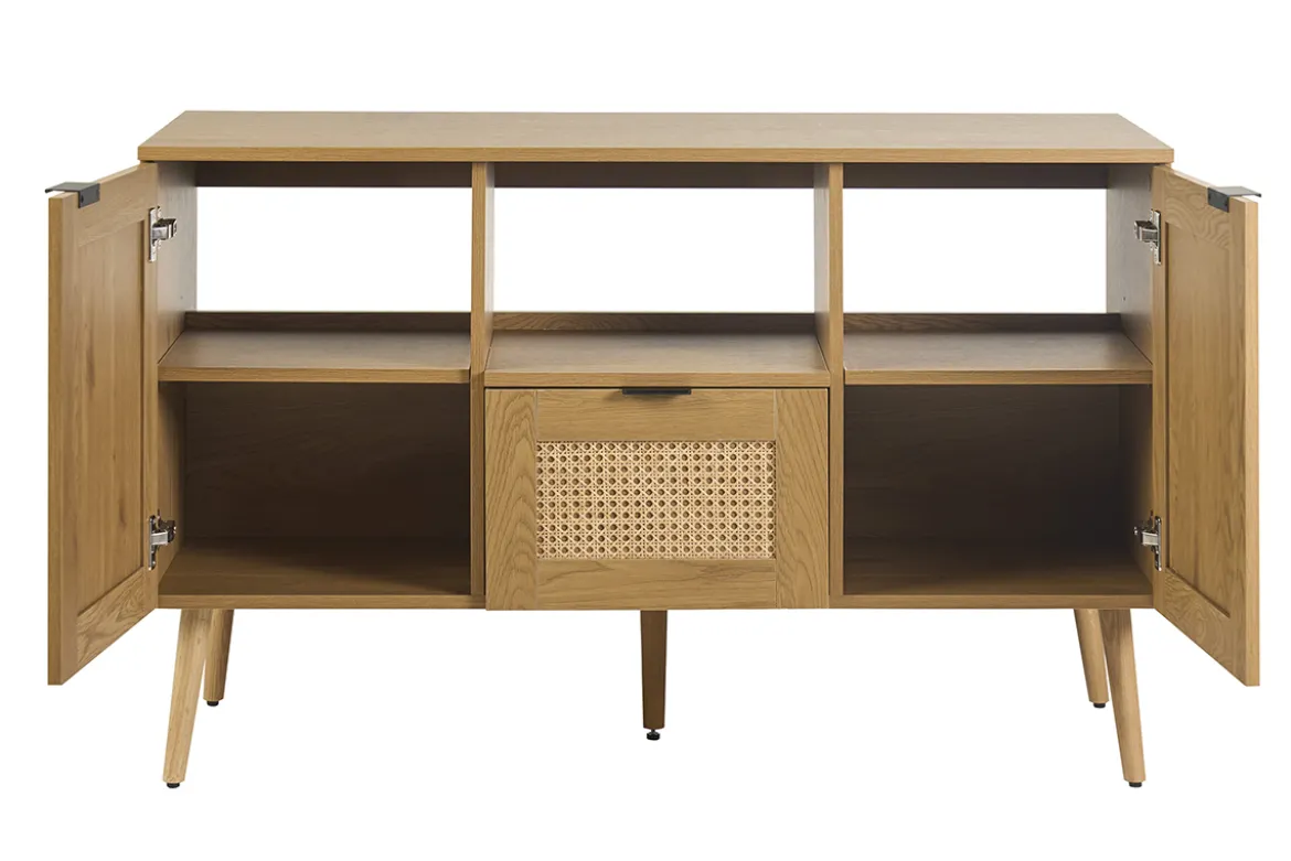 Meuble de salle de bain finition bois clair, cannage rotin et métal noir L120 cm MANILLE