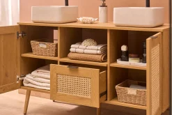 Meuble de salle de bain finition bois clair, cannage rotin et métal noir L120 cm MANILLE