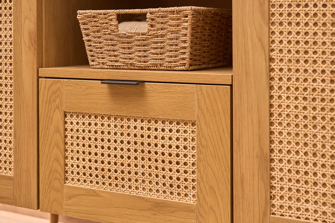 Meuble de salle de bain finition bois clair, cannage rotin et métal noir L120 cm MANILLE