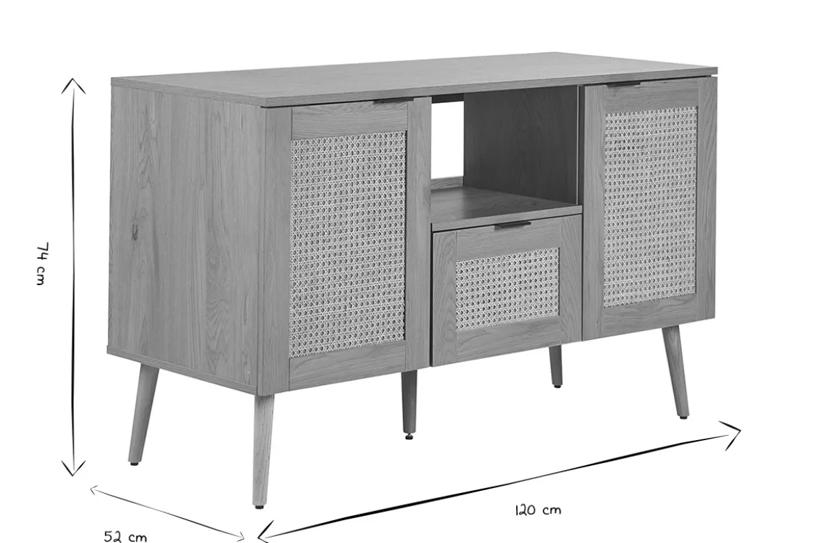 Meuble de salle de bain finition bois clair, cannage rotin et métal noir L120 cm MANILLE