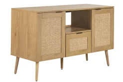 Meuble de salle de bain finition bois clair, cannage rotin et métal noir L120 cm MANILLE